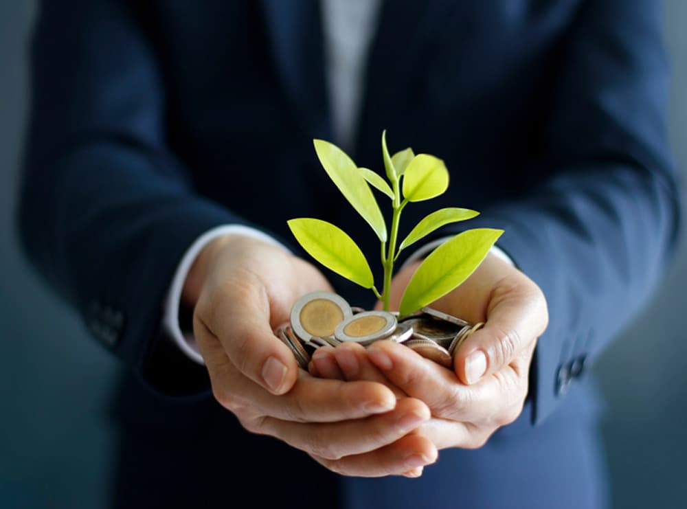 Man holding coins which appear to be growing a plant - 2023 green finance strategy