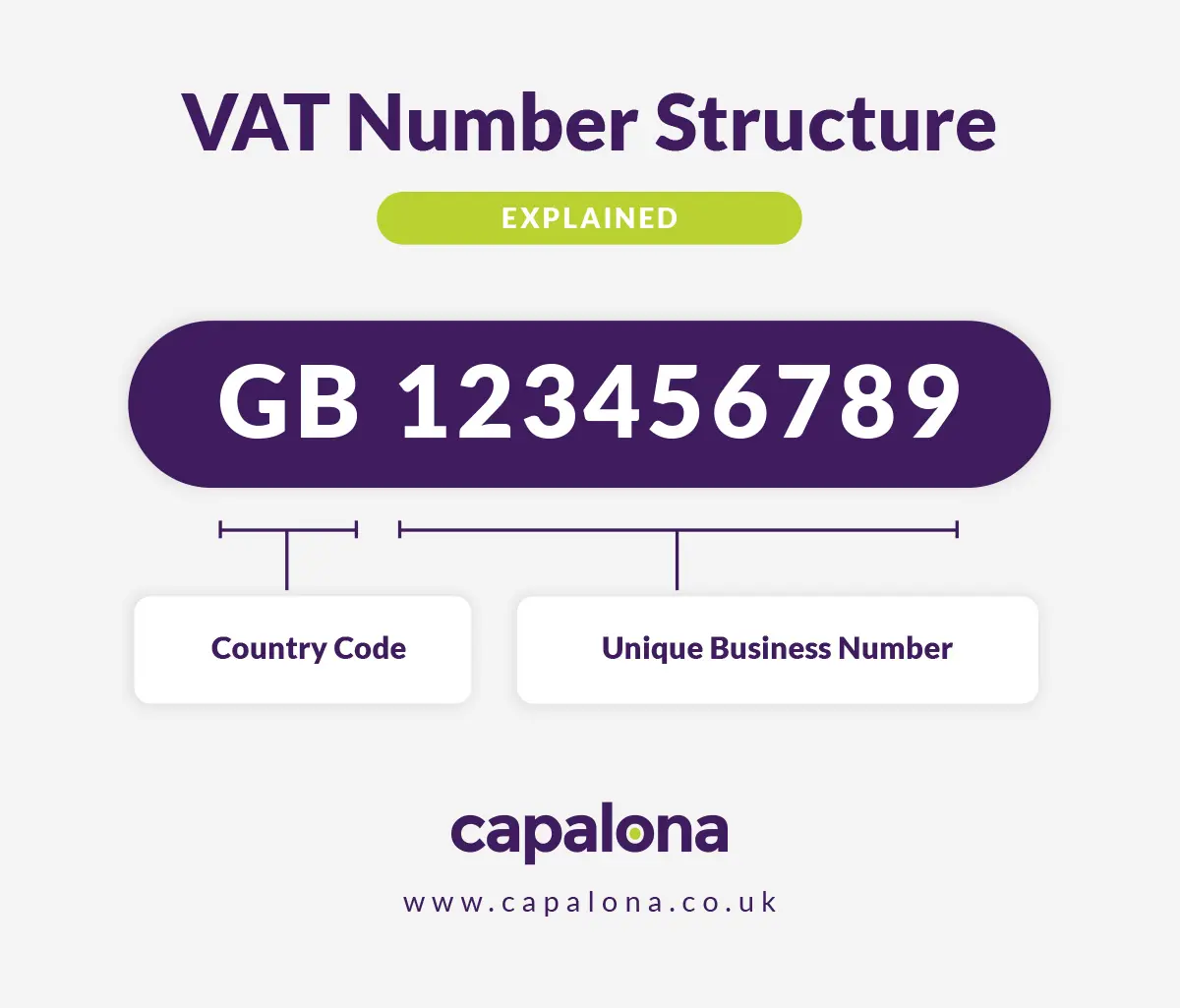 A VAT number structure includes a country code and a unique business number